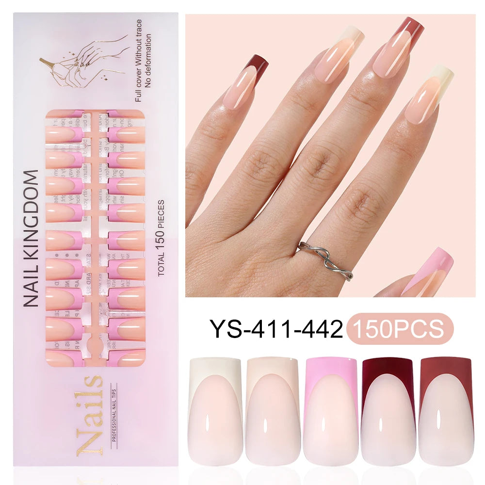 Wholesale Custom 150pcs Full Cover Square Press Acrylic Nails Art False Nails Colorful French Tips Coffin Pattern for Finger