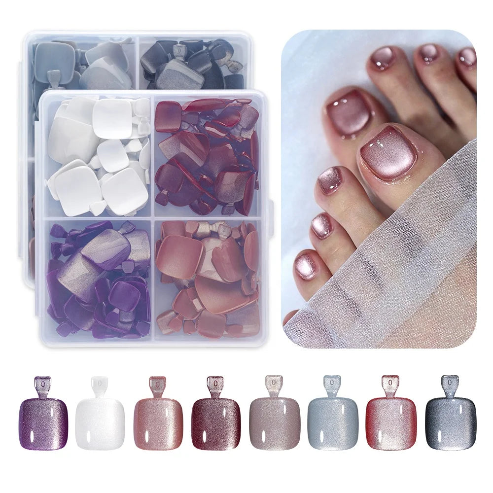 Wholesale 30PCS French Square Toe Nails Tips for Feet Luxury Cat Eye Wearable Feet Acrylic Press on Toe Nails for Nail Art Salon