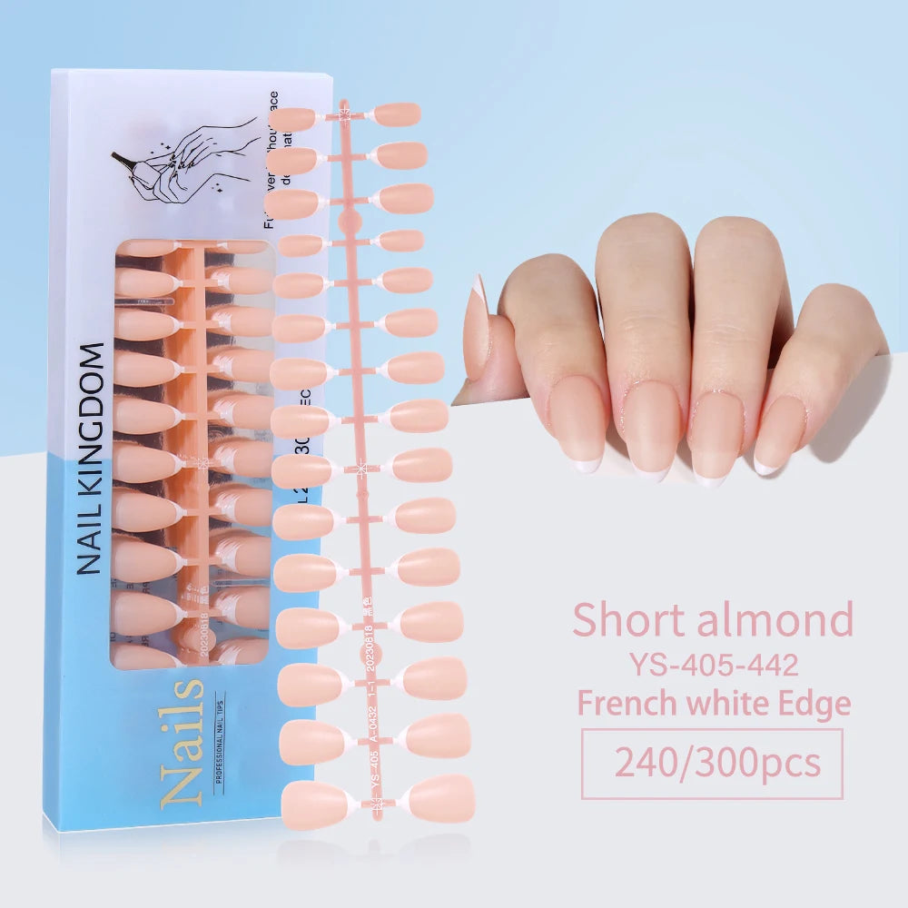 240pcs French Gel X Tips Press on Long Almond False Nails Premade Designed X Coat Tips Full Cover French Tip Press on Nails
