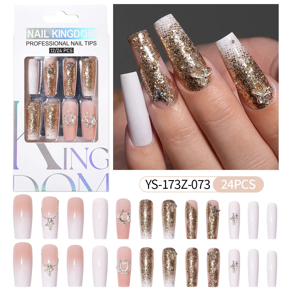 Manufacturer Direct Supply 24pcs Luxury Decorated False Nails Long Coffin Handmade 3d Gel Nail Art French Press on Nails