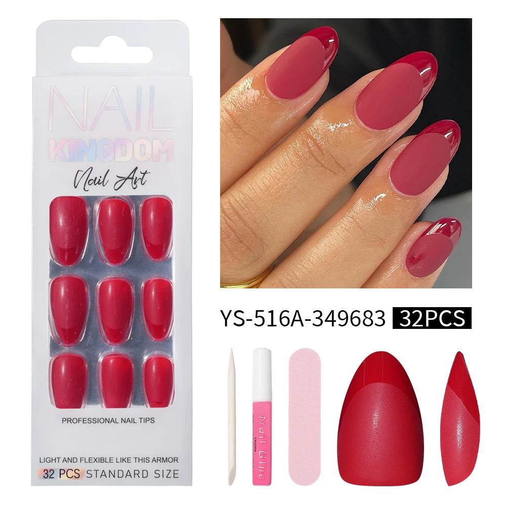Wholesale 32PCS French Nails Press on Red Black Pink Color Short Almond Half Matte Press on Nails French Glitter Tip