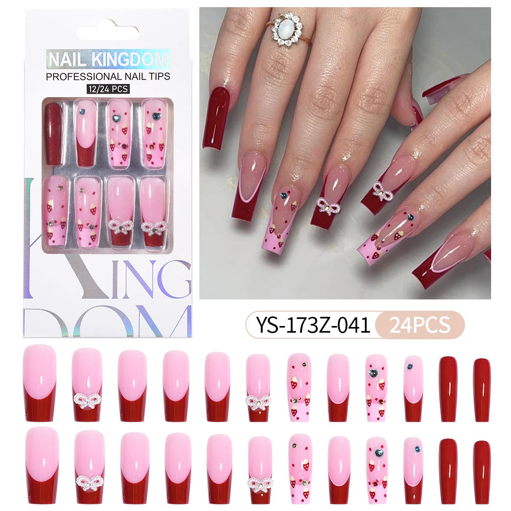 Manufacturer Direct Supply 24pcs Luxury Decorated False Nails Long Coffin Handmade 3d Gel Nail Art French Press on Nails
