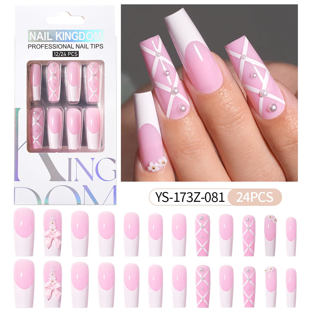 Manufacturer Direct Supply 24pcs Luxury Decorated False Nails Long Coffin Handmade 3d Gel Nail Art French Press on Nails