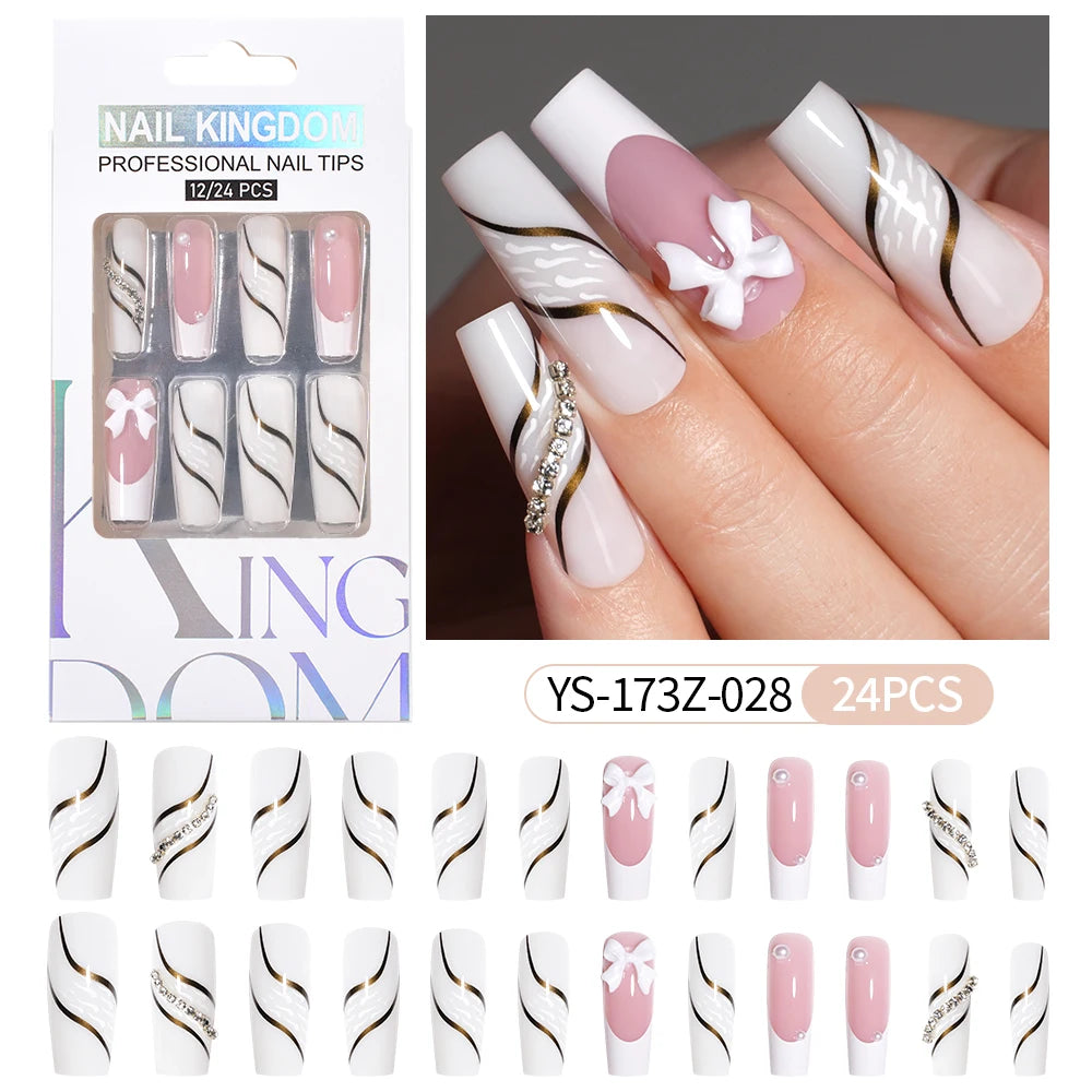 Manufacturer Direct Supply 24pcs Luxury Decorated False Nails Long Coffin Handmade 3d Gel Nail Art French Press on Nails