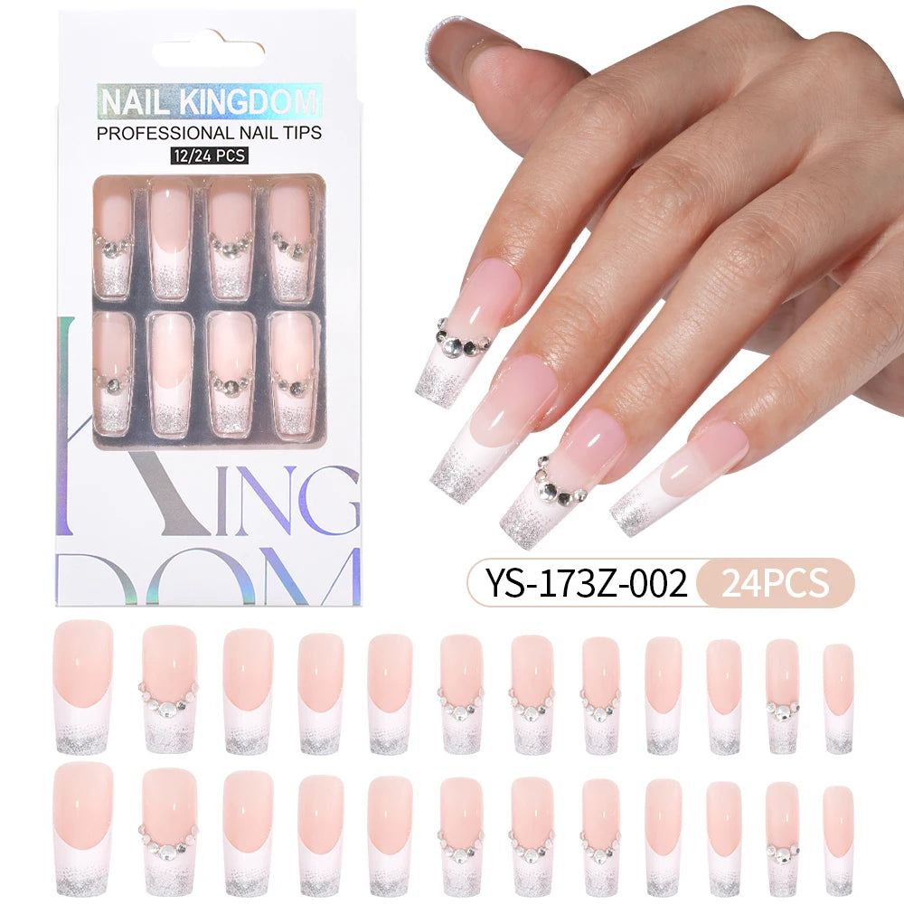 Manufacturer Direct Supply 24pcs Luxury Decorated False Nails Long Coffin Handmade 3d Gel Nail Art French Press on Nails