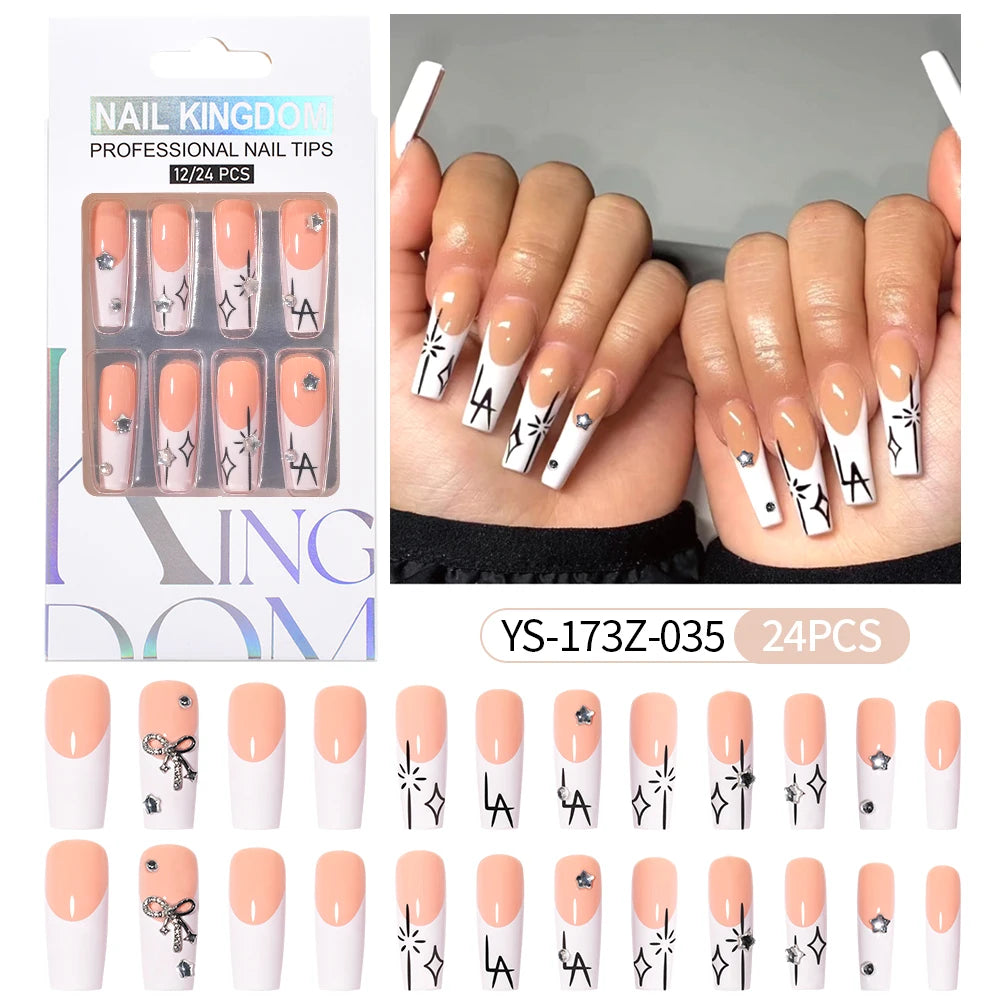 Manufacturer Direct Supply 24pcs Luxury Decorated False Nails Long Coffin Handmade 3d Gel Nail Art French Press on Nails
