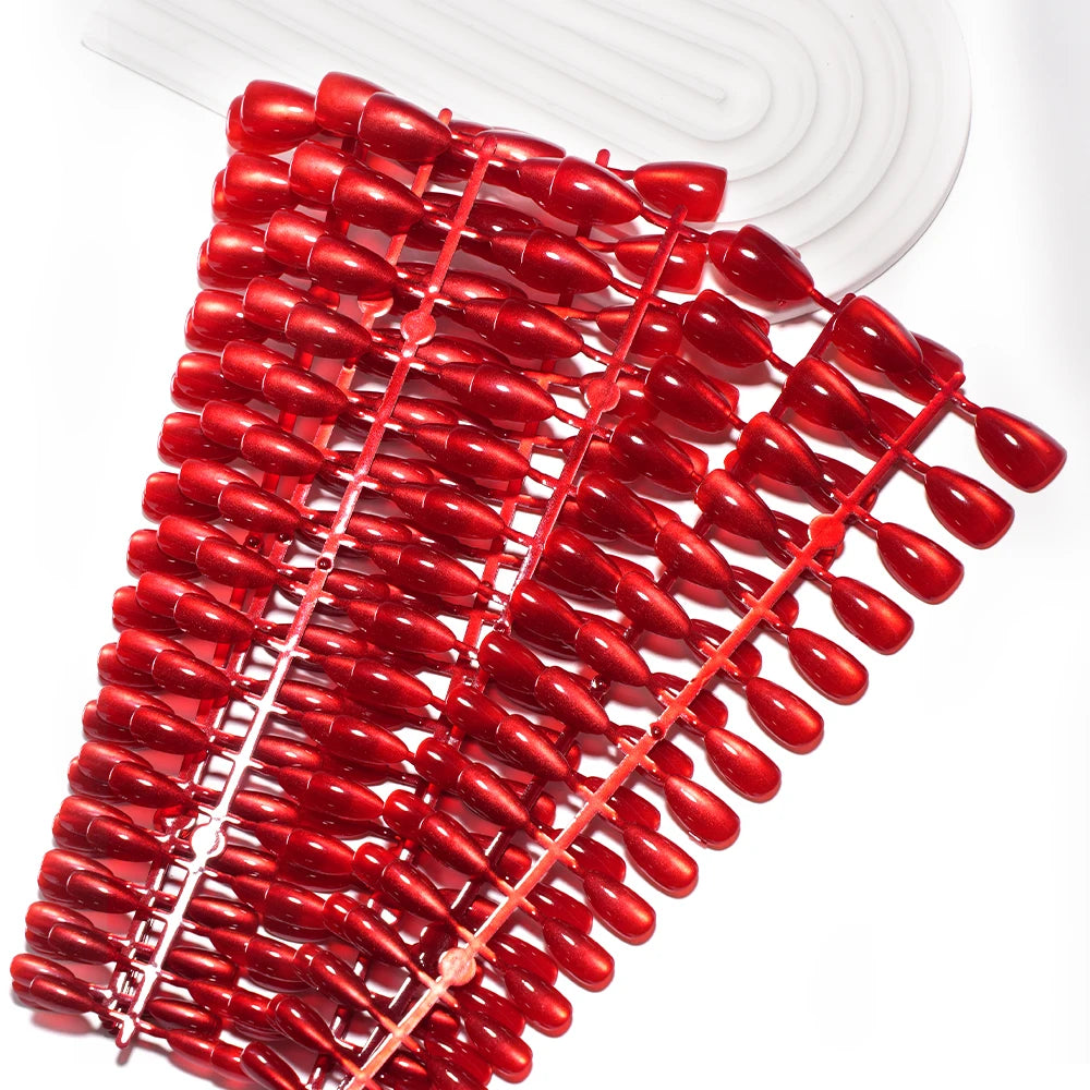 32pcs/128pcs Custom Cherry Wine Crystal Cat Eye False Nails Reusable Solid Color Short Almond Red Cat Eye Press on Nails Art