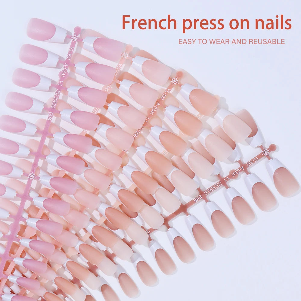 240pcs French Gel X Tips Press on Long Almond False Nails Premade Designed X Coat Tips Full Cover French Tip Press on Nails
