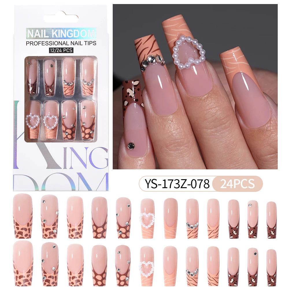 Manufacturer Direct Supply 24pcs Luxury Decorated False Nails Long Coffin Handmade 3d Gel Nail Art French Press on Nails