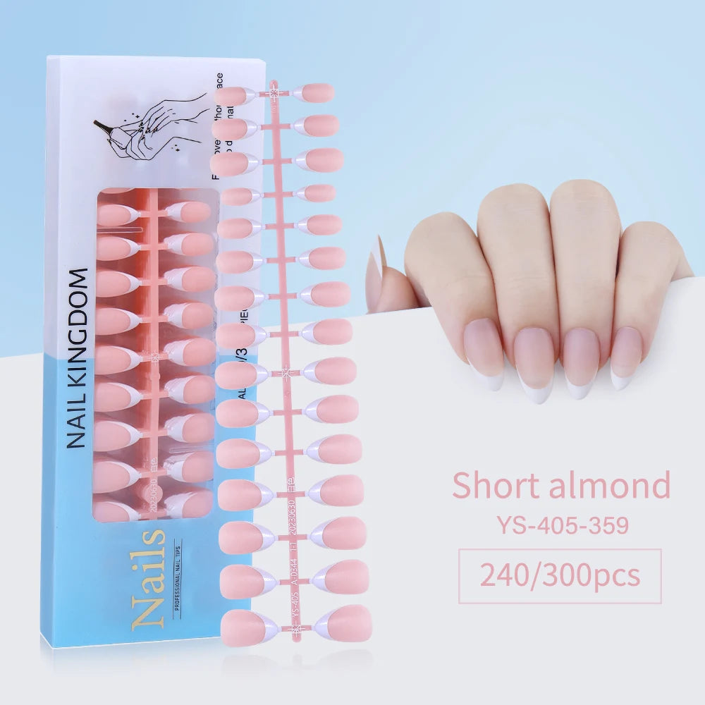 240pcs French Gel X Tips Press on Long Almond False Nails Premade Designed X Coat Tips Full Cover French Tip Press on Nails
