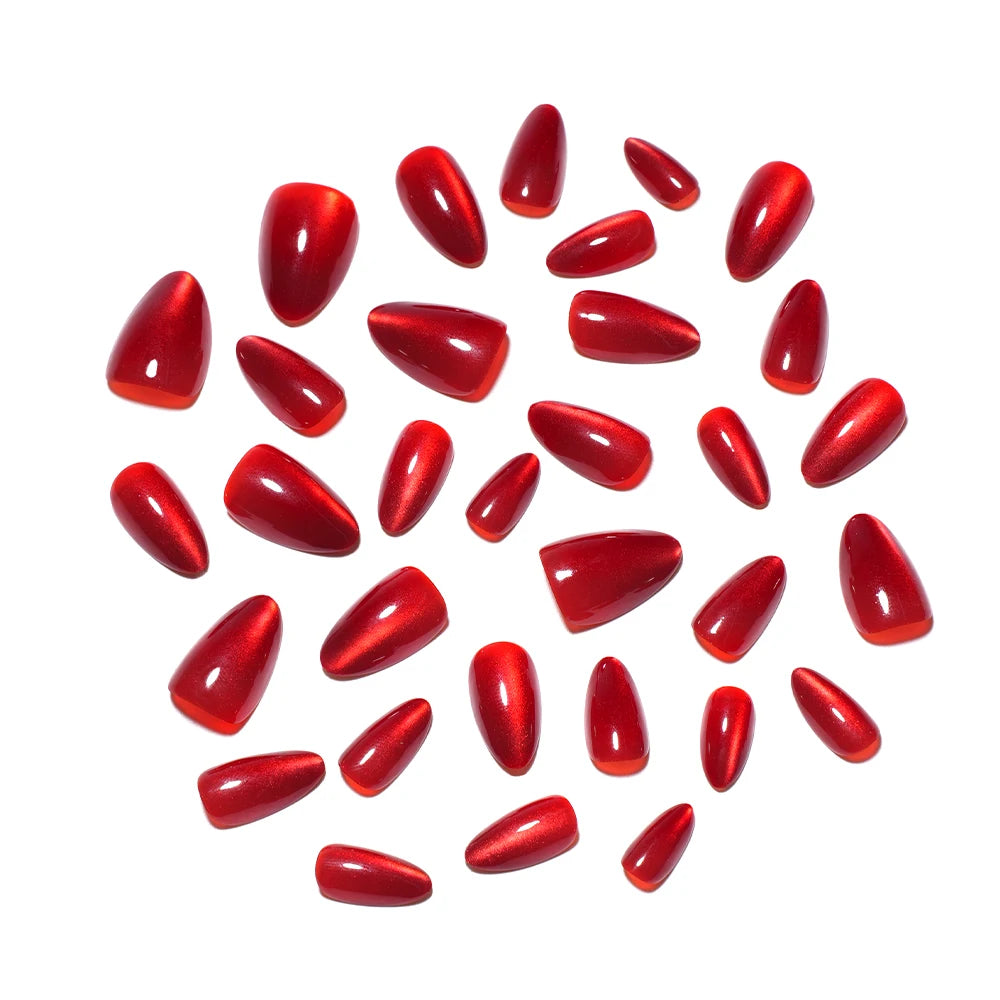 32pcs/128pcs Custom Cherry Wine Crystal Cat Eye False Nails Reusable Solid Color Short Almond Red Cat Eye Press on Nails Art