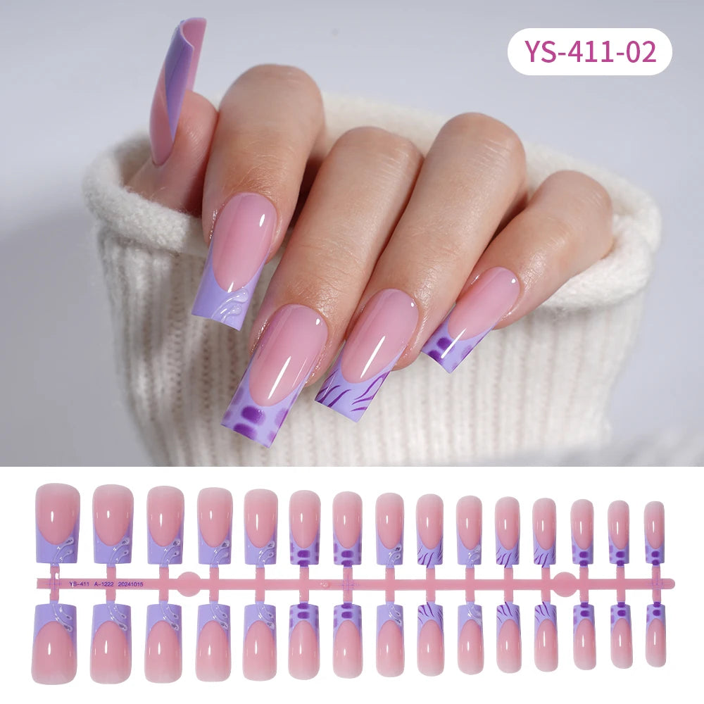 Custom Designed Luxury Diamond False Nails Full Cover Medium Square Handmade 3D Flower Rhinestone Gel French Press on Nails