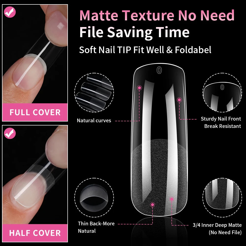 Wholesale 240Pcs Full Cover Half Matte False Nails Long Square Clear Transparent Traceless Semi Frosted Square Nail Tips