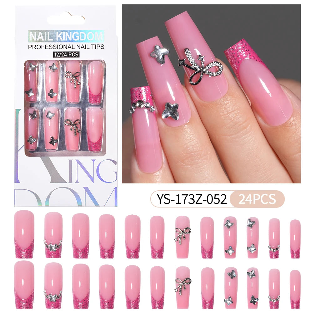Manufacturer Direct Supply 24pcs Luxury Decorated False Nails Long Coffin Handmade 3d Gel Nail Art French Press on Nails
