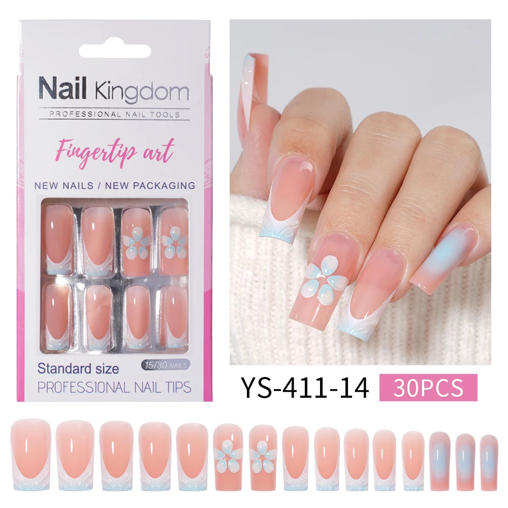 Nail Supplier Custom 30PCS Acrylic Designed Press on Nails Art Handmade Medium Square 3D Flower Gel French Press on Nails