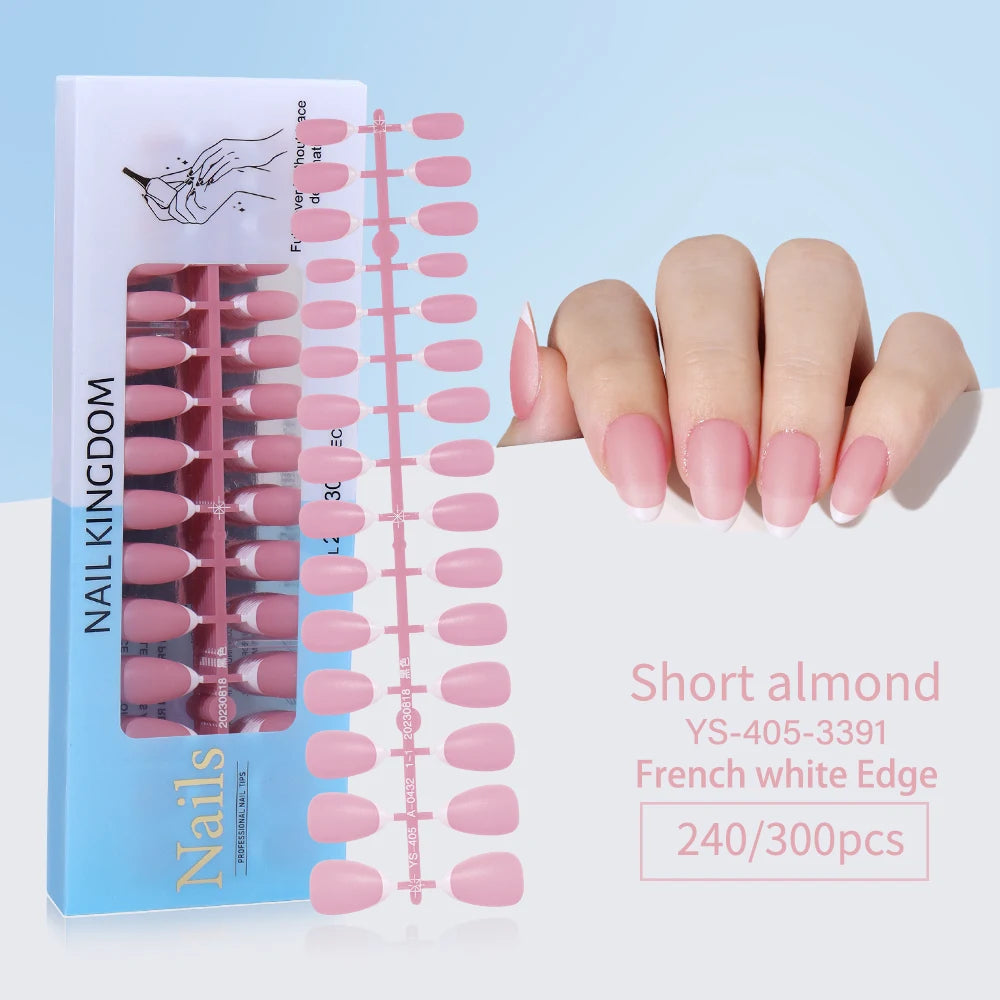 240pcs French Gel X Tips Press on Long Almond False Nails Premade Designed X Coat Tips Full Cover French Tip Press on Nails