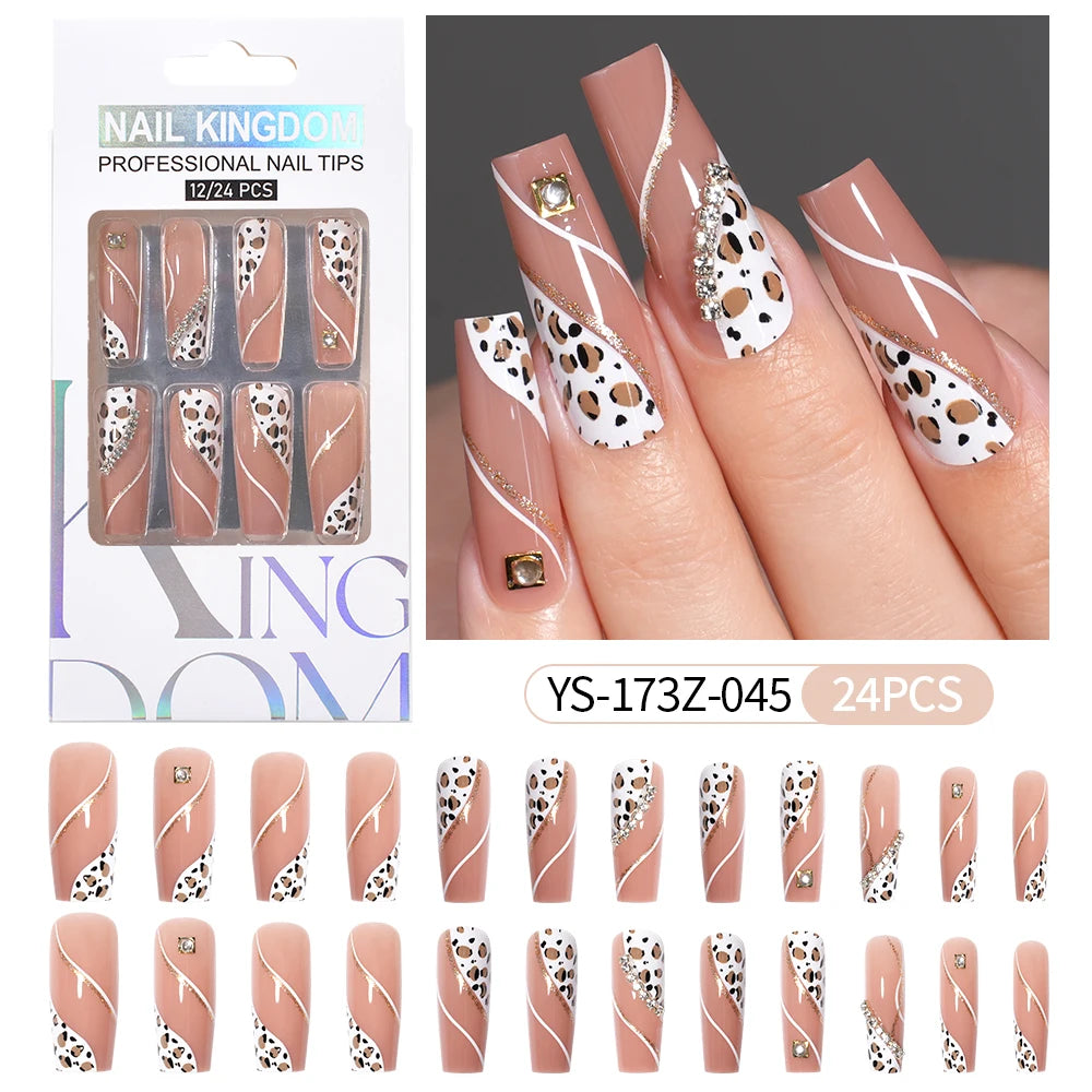 Manufacturer Direct Supply 24pcs Luxury Decorated False Nails Long Coffin Handmade 3d Gel Nail Art French Press on Nails