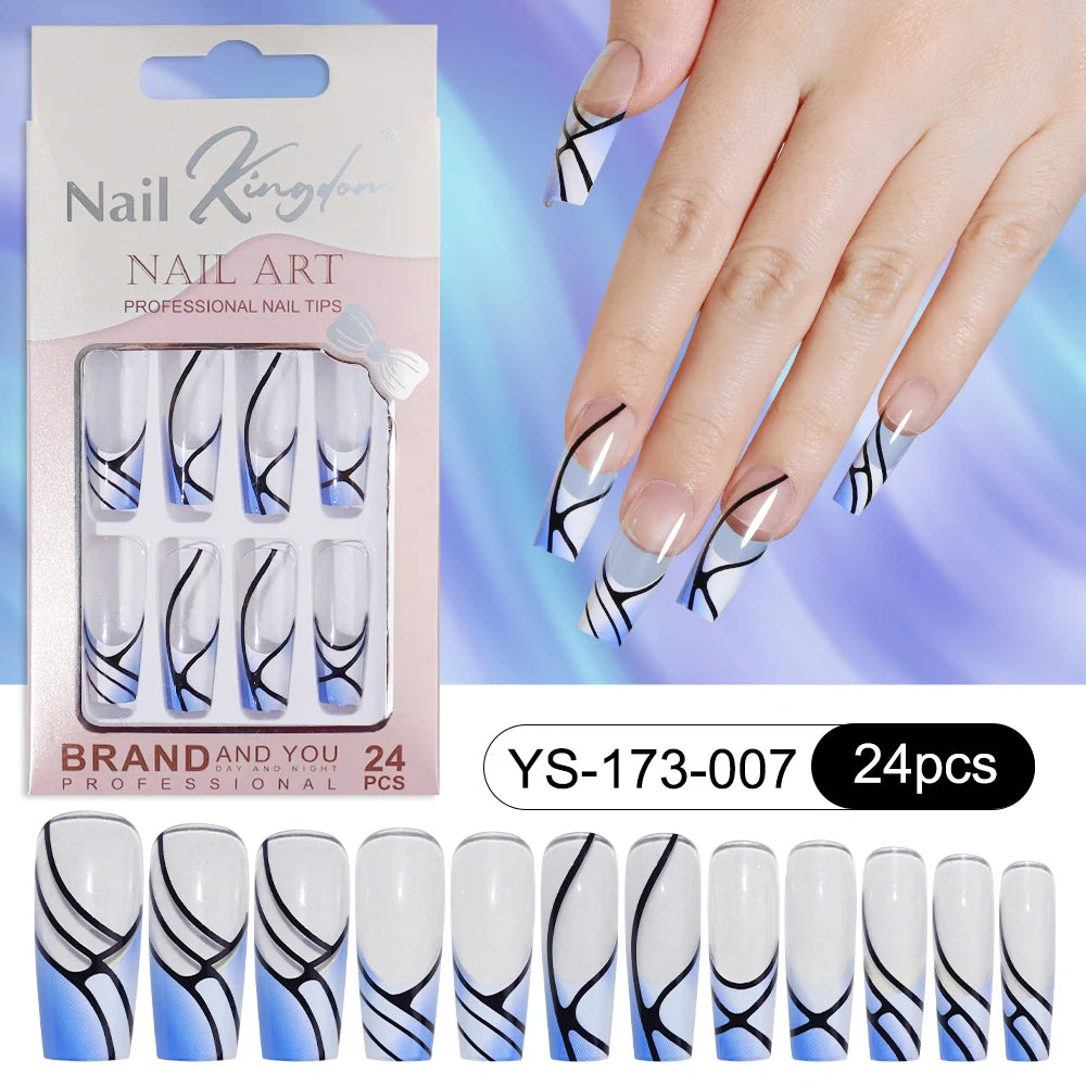 Wholesale Custom 24pcs Reusable Handmade Long Square Luxury French Tip Press on Nails for Nails Supplies Salon with Nail Tools