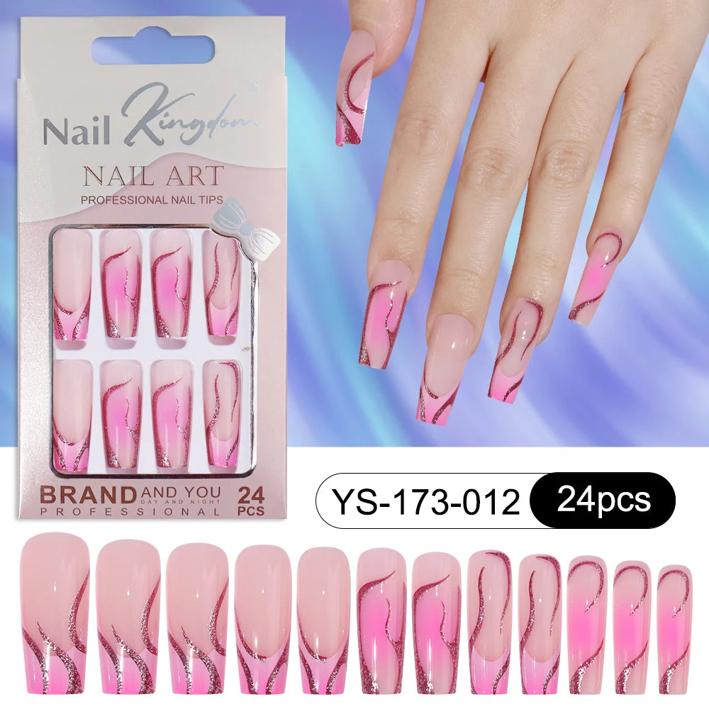 Wholesale Custom 24pcs Reusable Handmade Long Square Luxury French Tip Press on Nails for Nails Supplies Salon with Nail Tools