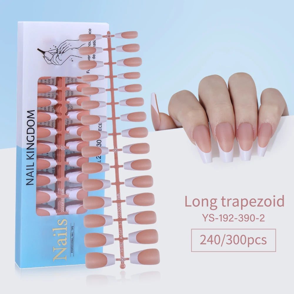 240pcs French Gel X Tips Press on Long Almond False Nails Premade Designed X Coat Tips Full Cover French Tip Press on Nails