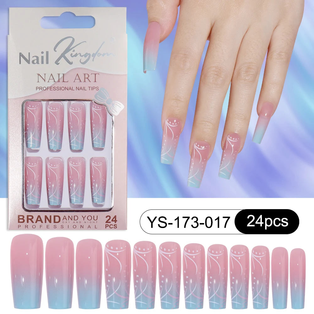 Wholesale Custom 24pcs Reusable Handmade Long Square Luxury French Tip Press on Nails for Nails Supplies Salon with Nail Tools