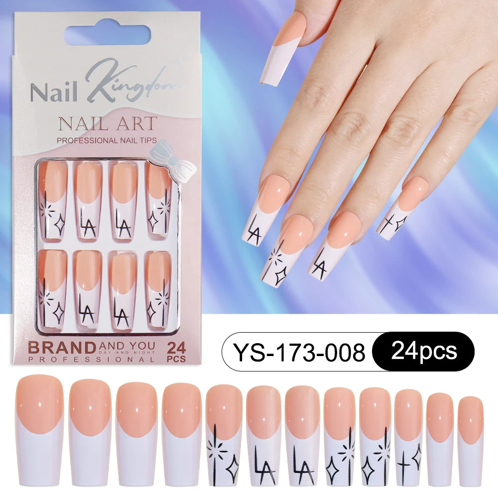 Wholesale Custom 24pcs Reusable Handmade Long Square Luxury French Tip Press on Nails for Nails Supplies Salon with Nail Tools
