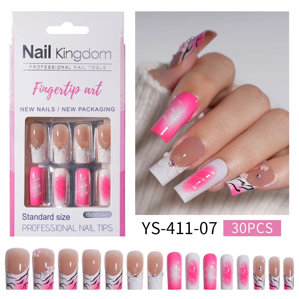 Nail Supplier Custom 30PCS Acrylic Designed Press on Nails Art Handmade Medium Square 3D Flower Gel French Press on Nails