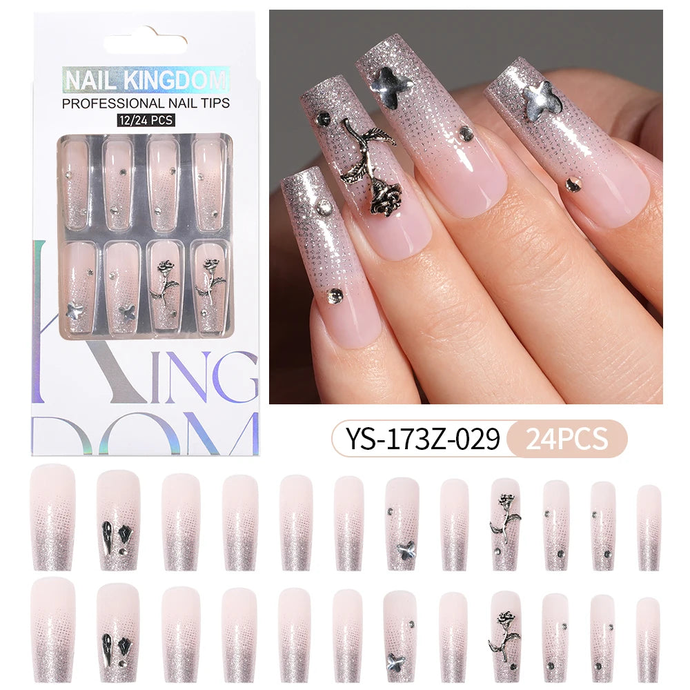 Manufacturer Direct Supply 24pcs Luxury Decorated False Nails Long Coffin Handmade 3d Gel Nail Art French Press on Nails