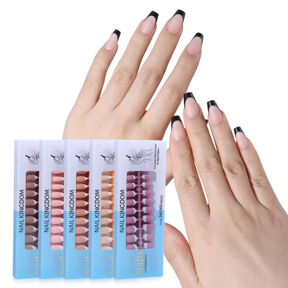 240pcs French Gel X Tips Press on Long Almond False Nails Premade Designed X Coat Tips Full Cover French Tip Press on Nails