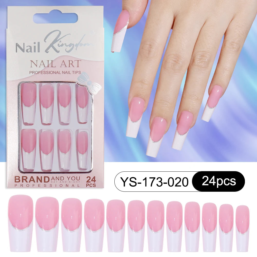 Wholesale Custom 24pcs Reusable Handmade Long Square Luxury French Tip Press on Nails for Nails Supplies Salon with Nail Tools