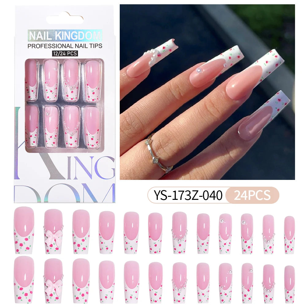 Manufacturer Direct Supply 24pcs Luxury Decorated False Nails Long Coffin Handmade 3d Gel Nail Art French Press on Nails