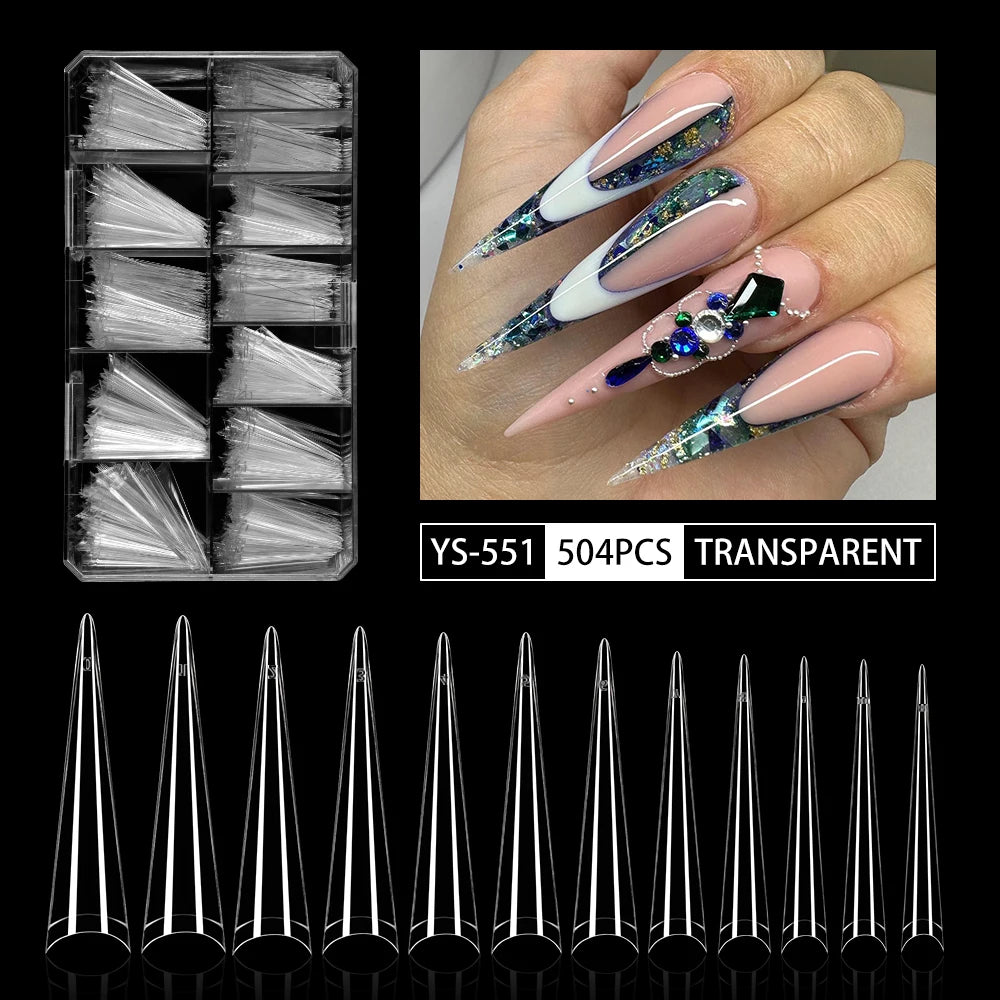 Wholesale Extra Long 504pcs Stiletto Nail Tips Long Pointed Nail Extensions for Finger Nature Clear Half Cover Manicure Design