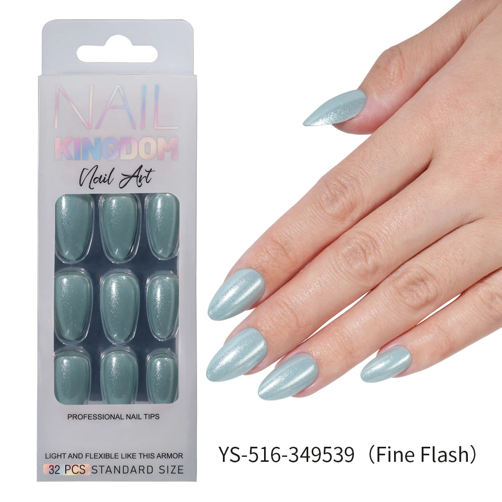 Nail Factory Custom 32pcs/30pcs Handmade Gel Nails Press on Full Cover Solid Color Aurora Glitter Almond Press on Nail Tips