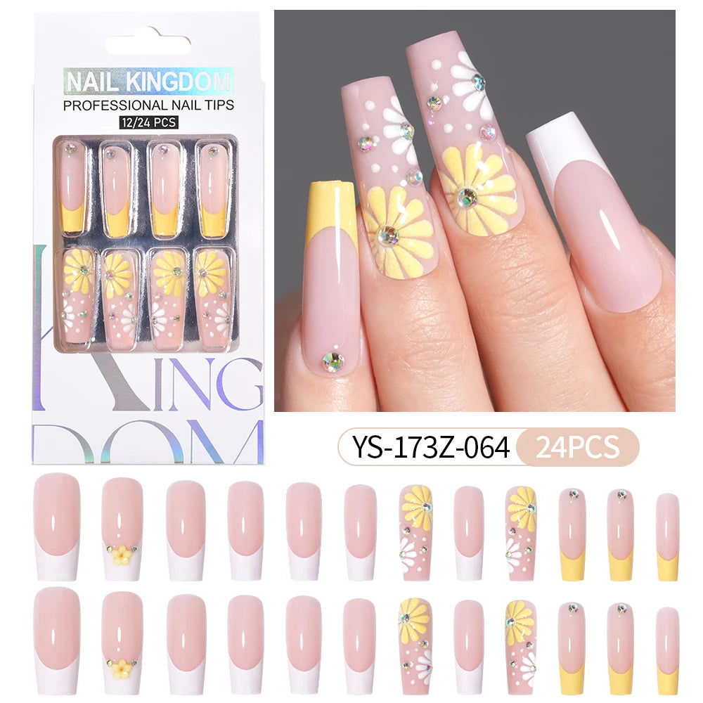 Manufacturer Direct Supply 24pcs Luxury Decorated False Nails Long Coffin Handmade 3d Gel Nail Art French Press on Nails