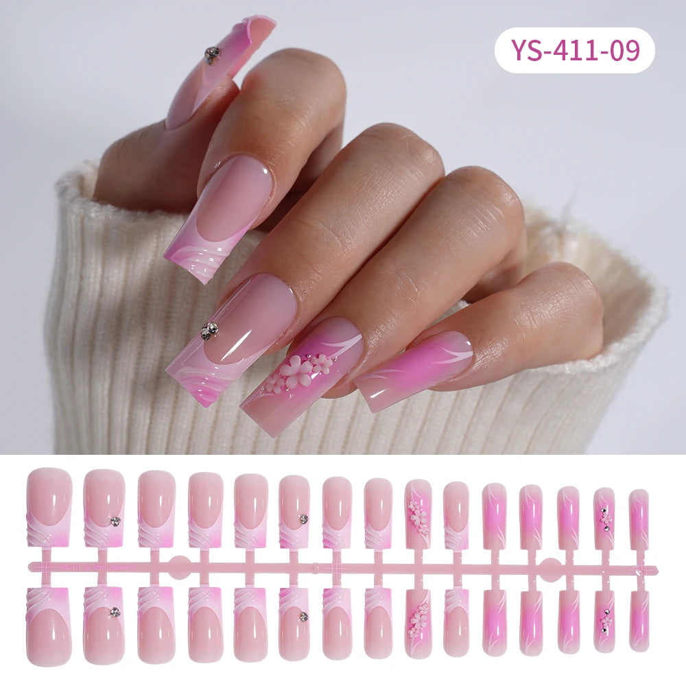 Custom Designed Luxury Diamond False Nails Full Cover Medium Square Handmade 3D Flower Rhinestone Gel French Press on Nails