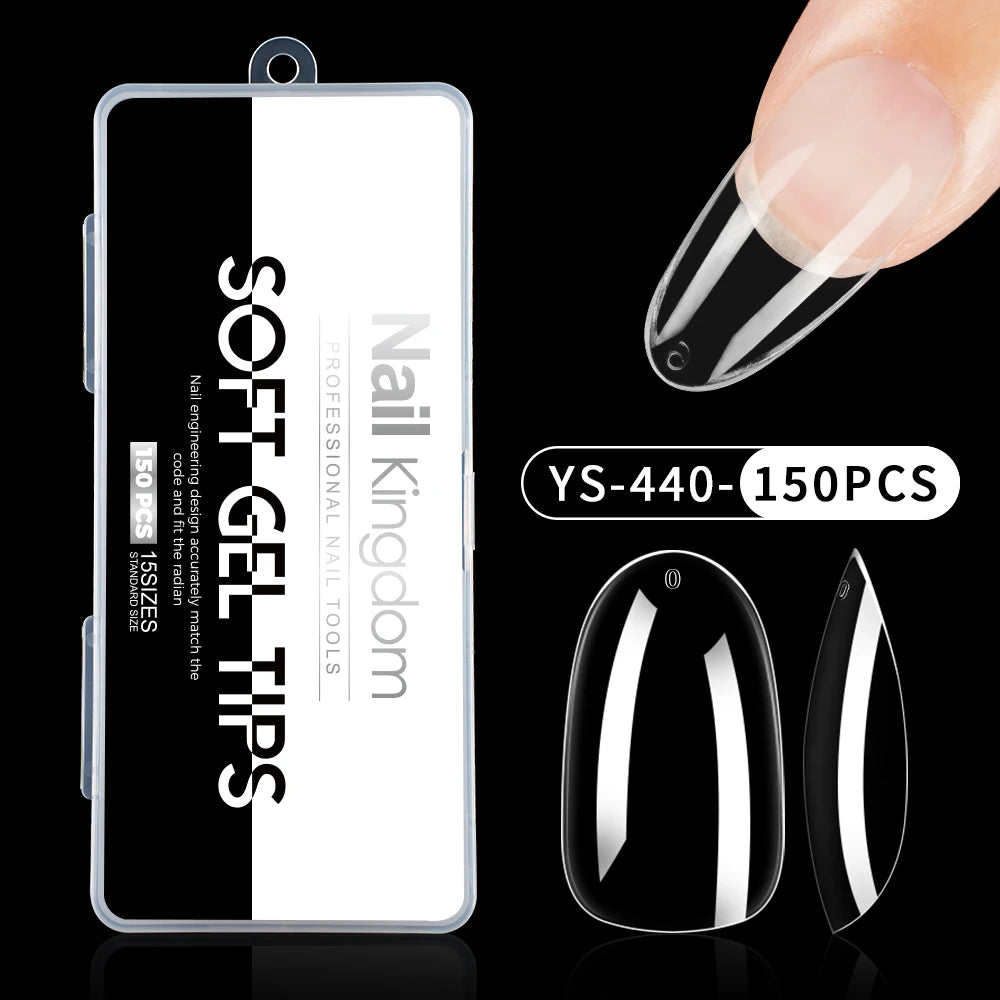 Wholesale False Nail Art Tips 15 Size Full Cover Traceless Transparent Clear Coffin Stiletto Square Almond Soft Gel Nail Tips