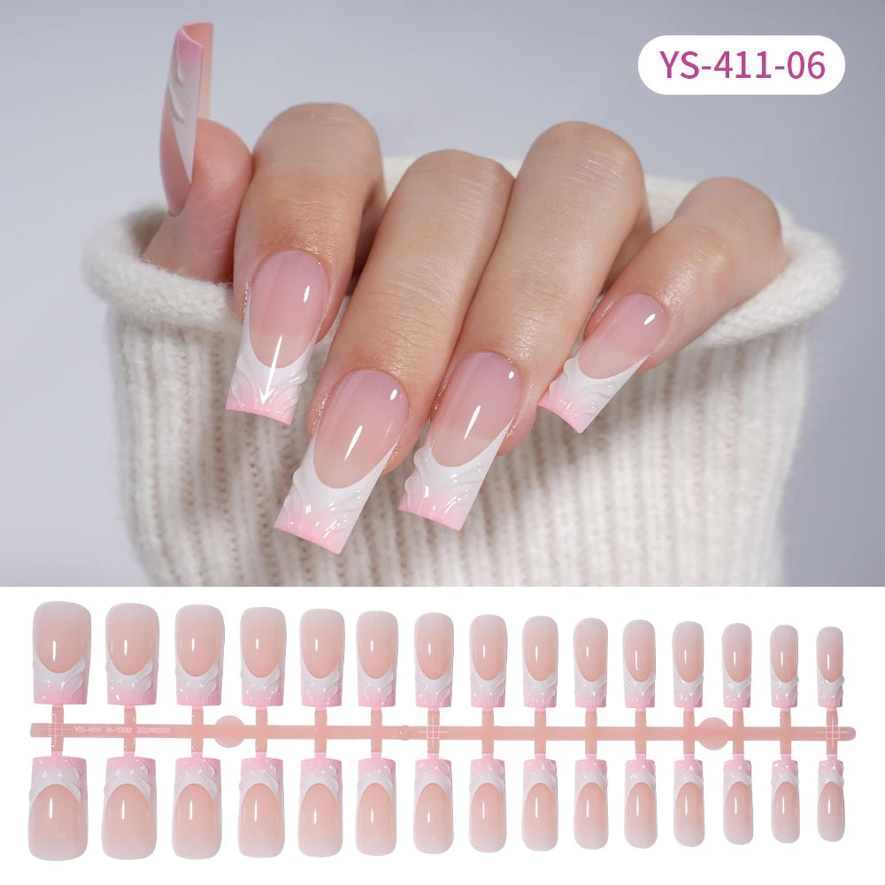 Custom Designed Luxury Diamond False Nails Full Cover Medium Square Handmade 3D Flower Rhinestone Gel French Press on Nails
