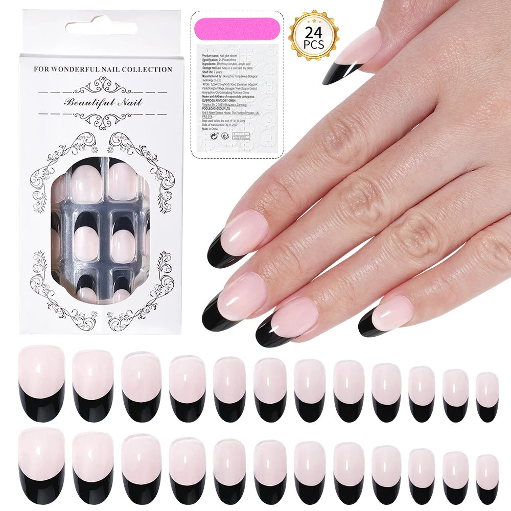 Custom 24PCS French Nails Press on Nude Color Handmade Short Round Acrylic Press on Nails French Black Tip
