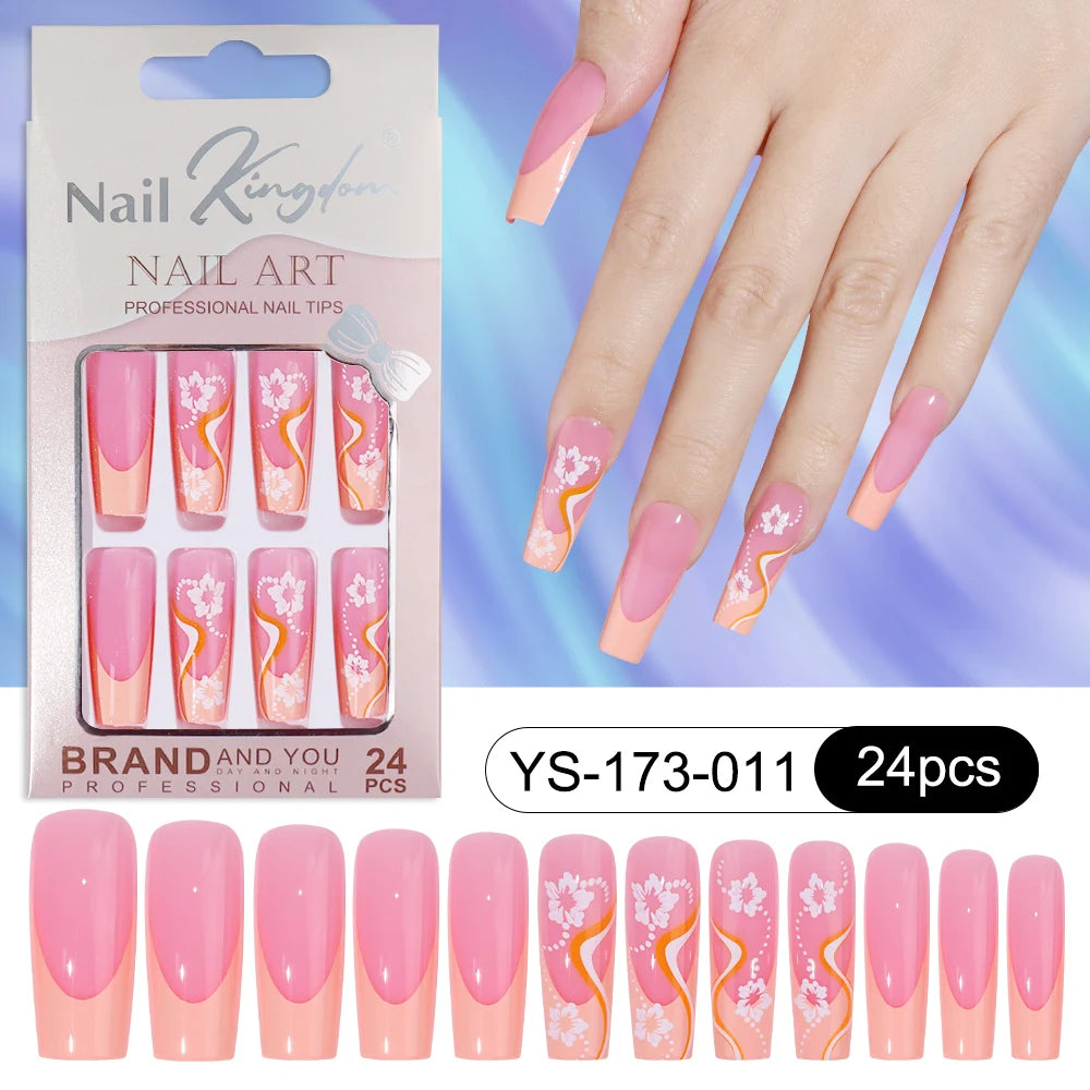 Wholesale Custom 24pcs Reusable Handmade Long Square Luxury French Tip Press on Nails for Nails Supplies Salon with Nail Tools