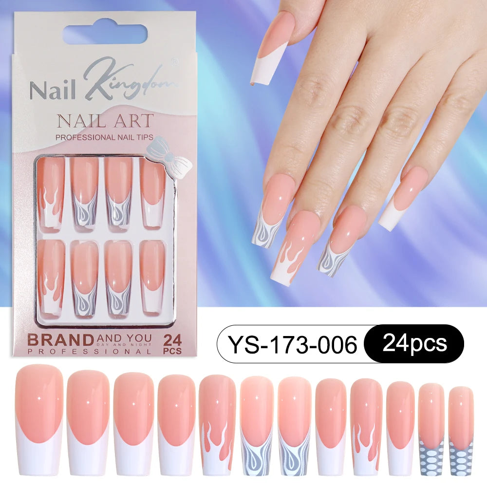 Wholesale Custom 24pcs Reusable Handmade Long Square Luxury French Tip Press on Nails for Nails Supplies Salon with Nail Tools
