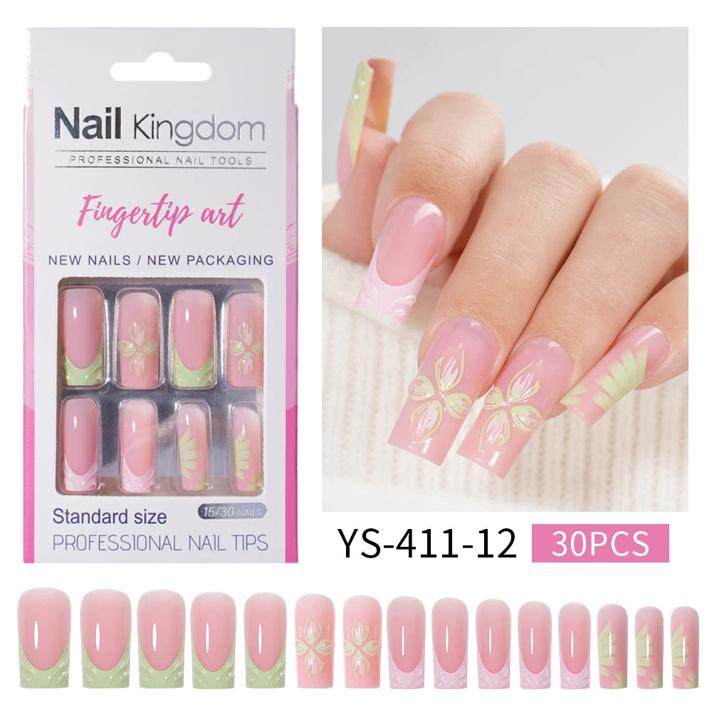 Nail Supplier Custom 30PCS Acrylic Designed Press on Nails Art Handmade Medium Square 3D Flower Gel French Press on Nails