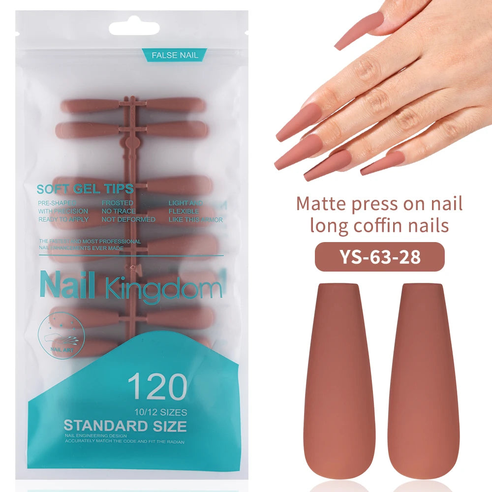 Factory Supplying False Nail Full Cover Waterproof Long Coffin Matte Rainbow Solid Colors Nails Tips Designer Press on Nails