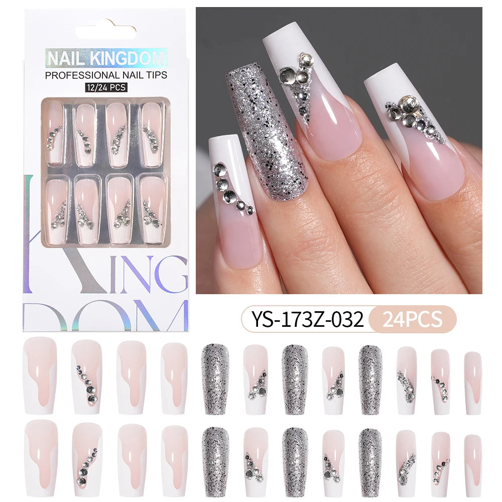 Manufacturer Direct Supply 24pcs Luxury Decorated False Nails Long Coffin Handmade 3d Gel Nail Art French Press on Nails