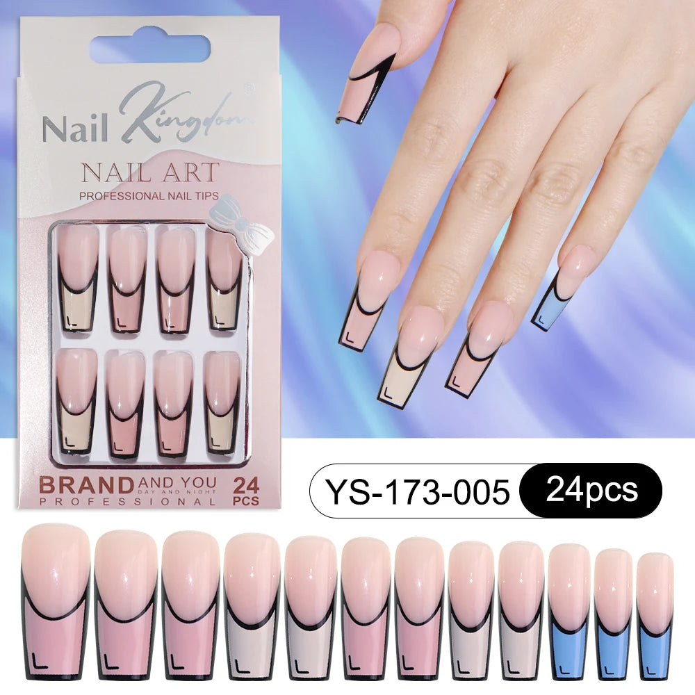Wholesale Custom 24pcs Reusable Handmade Long Square Luxury French Tip Press on Nails for Nails Supplies Salon with Nail Tools