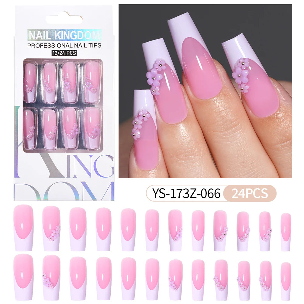 Manufacturer Direct Supply 24pcs Luxury Decorated False Nails Long Coffin Handmade 3d Gel Nail Art French Press on Nails