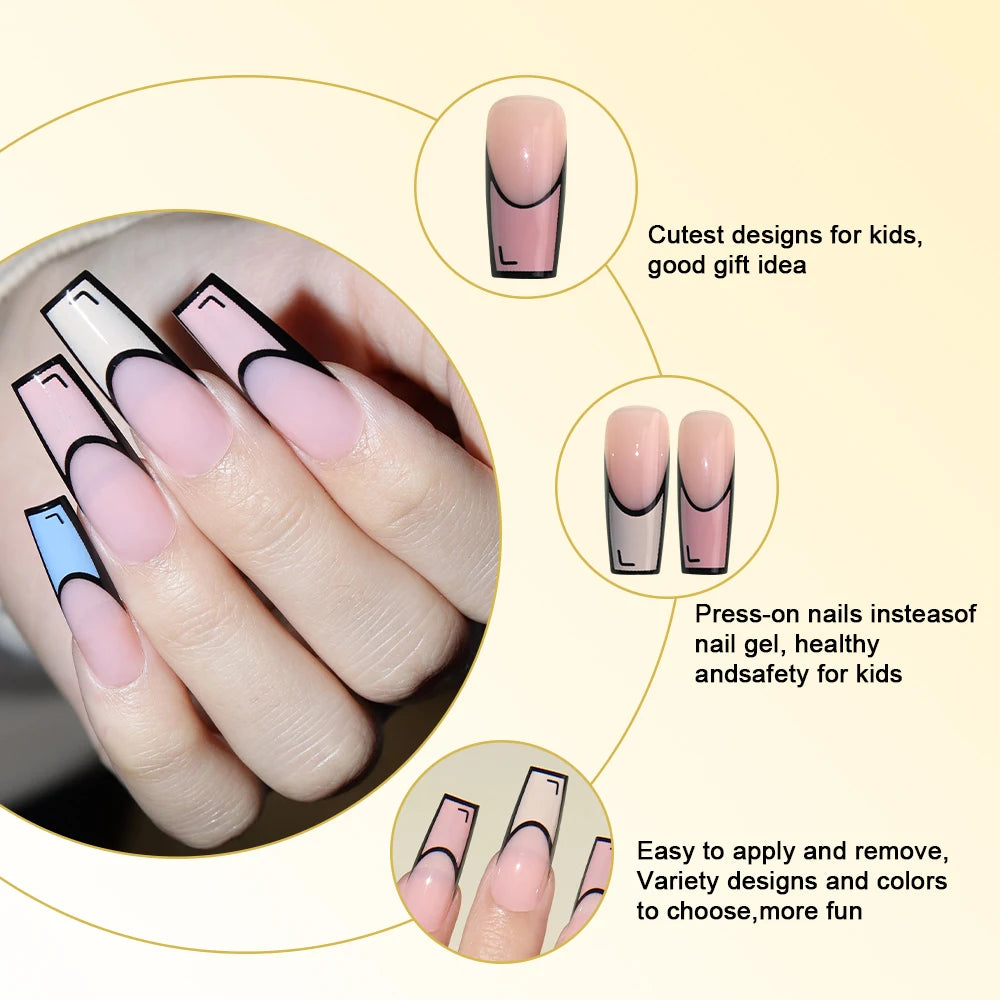 Wholesale Custom 24pcs Reusable Handmade Long Square Luxury French Tip Press on Nails for Nails Supplies Salon with Nail Tools