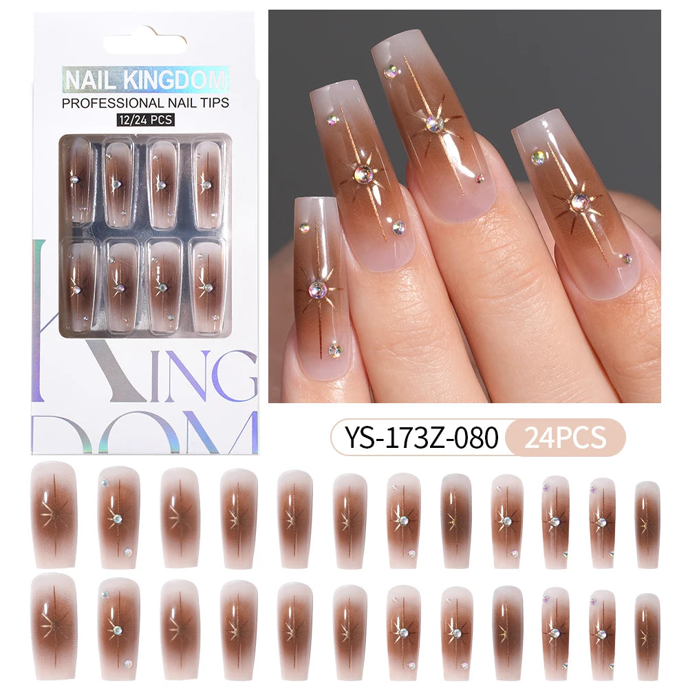 Manufacturer Direct Supply 24pcs Luxury Decorated False Nails Long Coffin Handmade 3d Gel Nail Art French Press on Nails