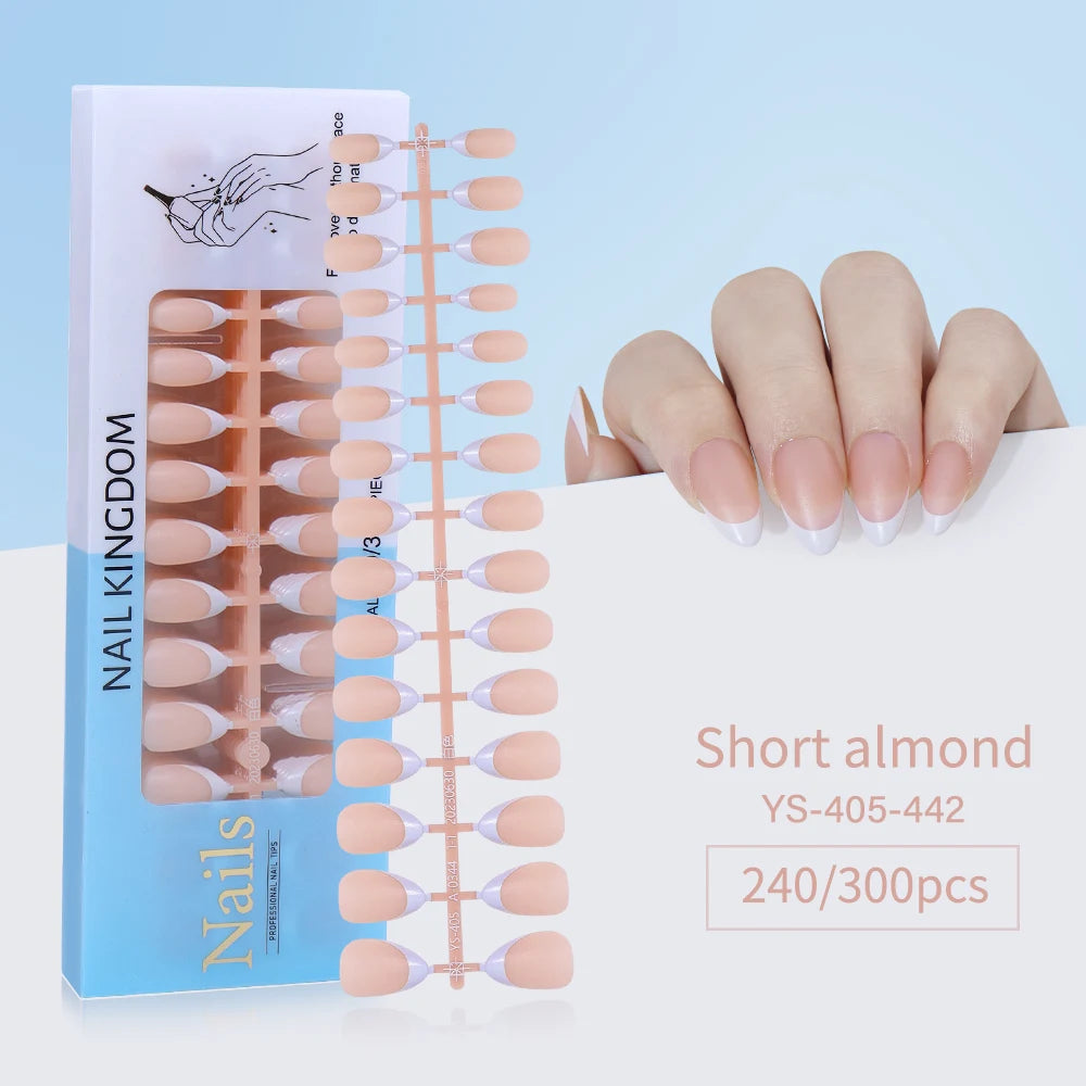 240pcs French Gel X Tips Press on Long Almond False Nails Premade Designed X Coat Tips Full Cover French Tip Press on Nails
