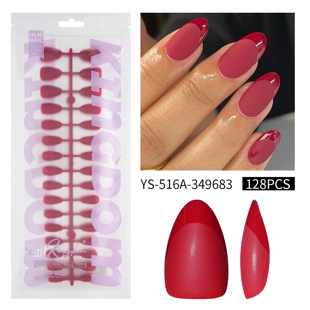 Wholesale 128PCS French Nails Press on Red Black Pink Solid Color Short Almond Half Matte Press on Nails French Glitter Tip