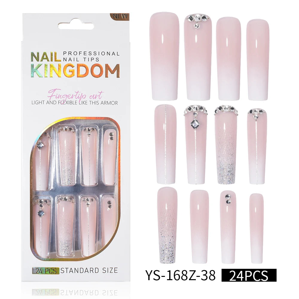 Private Label Wholesale Custom 24pcs French Style Press on Nail Long Square Rhinestone Luxury Press on Nails With Diamond